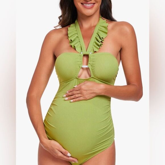 EastElegant Maternity Ruffle Ribbed One Piece Square Ring Linked Suit Green - Picture 1 of 7